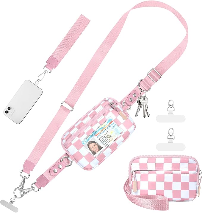 Clip and Go Strap for Phone with Wallet Crossbody Phone Lanyard and Detachable Checkered Bag with ID Window and RFID Pouch for Daily Travel.