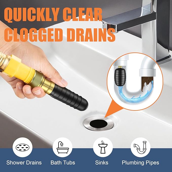 3 Pcs Drain Bladder Kit, Drain Cleaning Bladder Fits 1" to 6" Pipes, with 10 ft Retractable Hose, Shut-Off Valve & Brass Faucet Adapter Fits Most Faucets– For Sinks, Showers, Pools & Drains (Green)