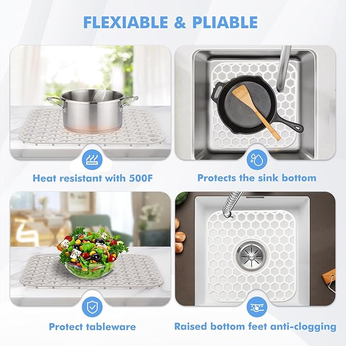 Silicone Sink Protectors for Kitchen Sink - 12" x 11" Kitchen Grid Accessory, Non-Slip Heat-Resistant Mat for Bottom of Porcelain Stainless Steel, Dishwasher Safe (White)
