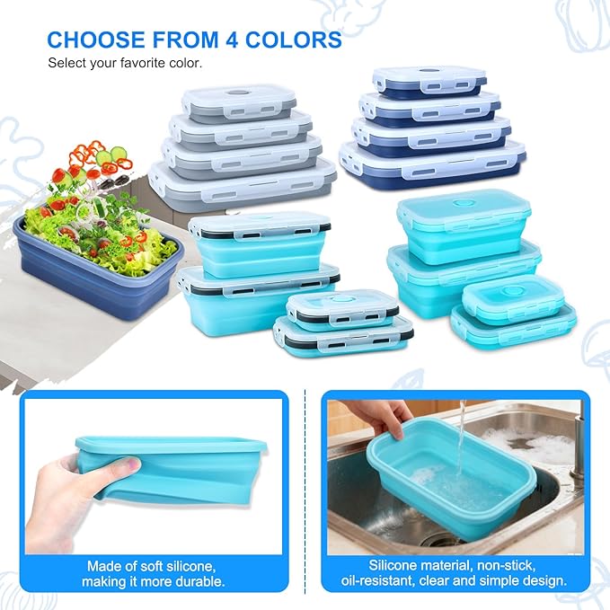 4 Set Collapsible Food Storage Containers Silicone Lunch Container with Lids Collapsible Lunch Box Food for Camper Leftovers Snacks Meals Dorm Kitchen Microwave Dishwasher and Freezer Gray