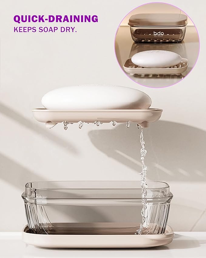 Travel Essentials Soap Holder with Lid,Leakproof Soap Dish with Drainage Layer, Portable Travel Soap Bar Case for Camping, Gym, Bathroom,Kitchen,Dormitory,Hotel(Clear)