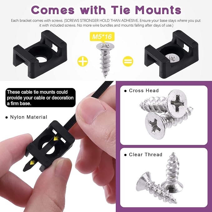 Swpeet 360Pcs Black Self-Locking Cable Zip Tie (150x4mm) and 6mm/0.24inch Saddle Type Cable Tie Mounts Base with Deep Thread Flat Head Screws Assortment Kit, Wire Holder Wire Cable Clips Organizer