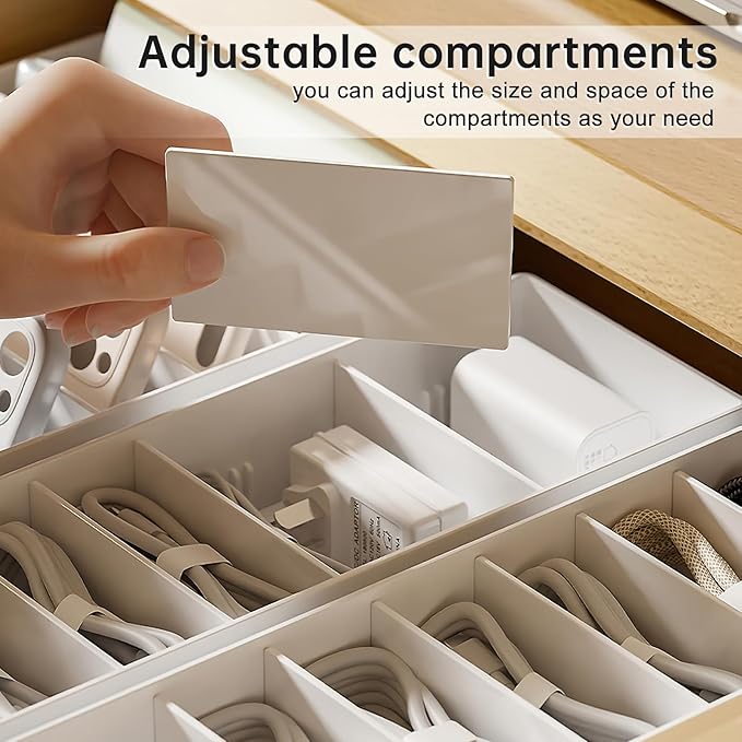 PAVSTINE 2 Pcs Cable Organizer Box with Wire Ties, Plastic Cord Charger Storage Box with 8 Compartments, Electronics and Home Office Desk Drawer Stationery Organizer, Stackable, White