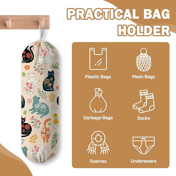 Plastic Bag Holder, Grocery Bag Organizer Storage, Kitchen Dispenser Holders Reusable Shopping with Adjustment Drawstring Closure for Kitchen Farmhouse Decor, Colorful Cat