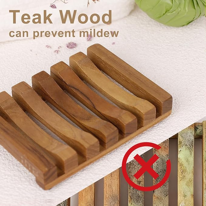 2PCS Slotted Bar Soap Holder Teak Wood by HTB, Kitchen Wooden Sponge Holder, Self Draining Soap Dish for Shower, Sink, Bathroom, Bathtub, RV
