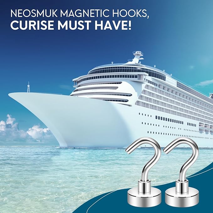 Neosmuk Magnetic Hooks, Cruise Ship Essentials, 32lb+ Heavy Duty Magnetic Hooks for Cruise Cabins, Refrigerator, Grill, Hanging, and Travel | Extra Strong Must-Have Magnet Hook, Silver Pack of 20