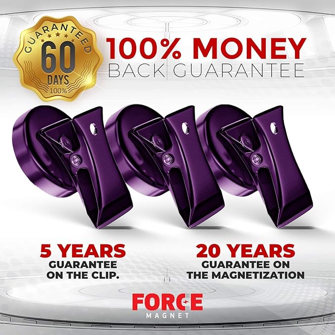 Force Magnet - Magnetic Clips Pack of 10 - Premium Quality Super Strength Magnet Clips with Anti-Scratch Pads - Make Notes, Remember Appointments, and Hang Keys on Metal Surfaces - Heavy Duty (Purple)