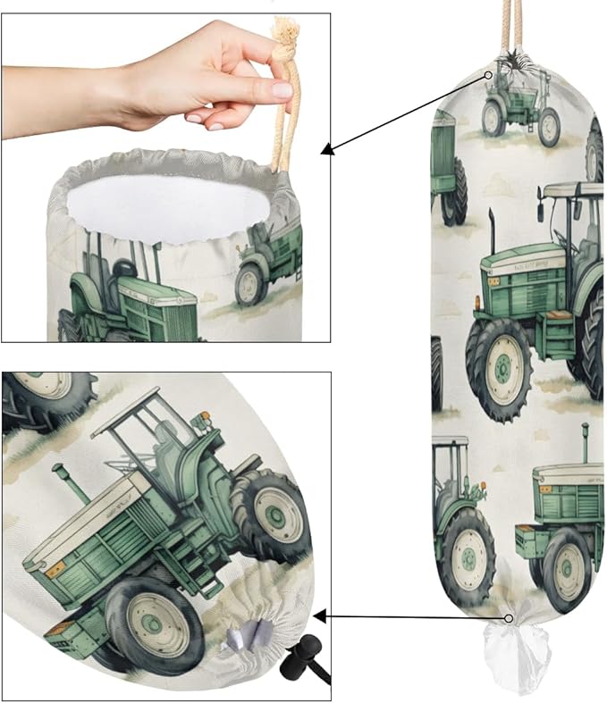 Sabokido Vintage Truck Plastic Bag Holder Green Farm Car Tractor Grocery Bag Storage Dispenser Washable Hanging Shopping Bags Carrier Reusable Wall Mount Trash Bag Organizer for Kitchen Pantry