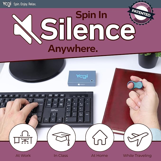 Yogi Fidget Toy – Silent Sensory Spinner for Adults & Kids – Stress Relief Fidgets for ADHD, Anxiety – Fidget Toys for Adults – Includes 5 Finger-Fit Rings – Work, School & Travel – Aurora