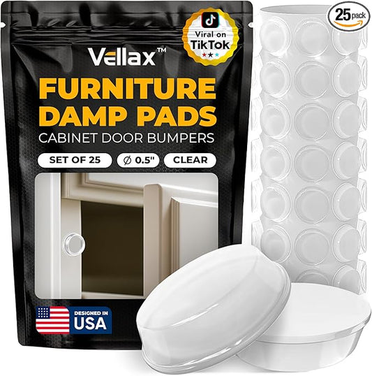 25 Clear Cabinet Door Bumpers - 1/2” Diameter White Self Adhesive Pads, Stoppers, Rubber Bumpers for Drawers, Cupboards, Cutting Boards, Glass Tops, Picture Frames, Kitchen Furniture by Vellax