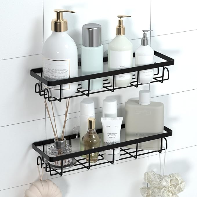 Shower Caddy Organizer with Hooks, Self-Adhesive Bathroom Shelves, No Drilling Bathroom Organizers and Storage, Perfect for RV, Apartment, Home Decor, 2 Pack Black