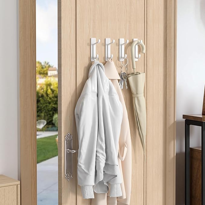 Self Adhesive Wall Hooks for Hanging: Extra Strong 13 LB, Hooks for Coats, Towels in Bathrooms, Showers, Kitchens, Walls, Doors, White, 6 Pack