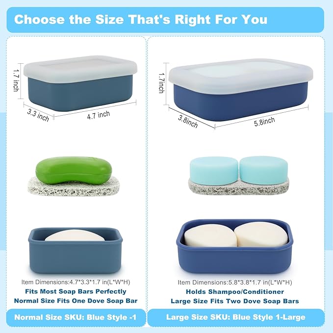 Travel Soap Case, Leak Proof Travel Soap Container, Silicone Soap Box with Drainage Layer, Shatterproof Soap Holder for Travel, Camping, Gym (Blue, Regular)