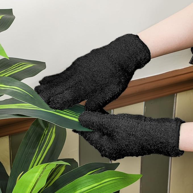 Patelai 3 Pairs Microfiber Plant Dusting Gloves Leaf Cleaning Gloves for Indoor Plants, Blinds, Furniture, House (Small, Black)