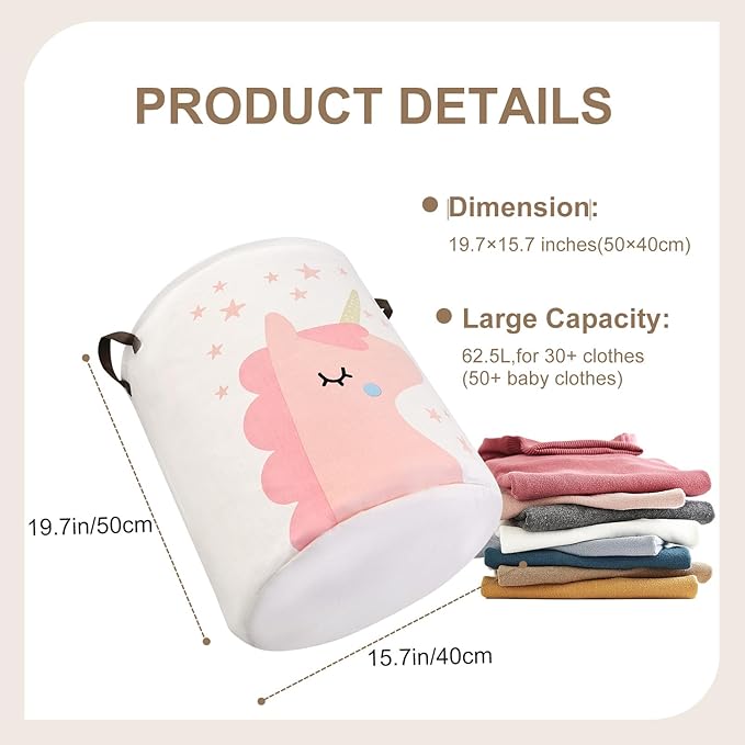 Mziart Kids Laundry Basket for Girls Boys, Cute Baby Laundry Hamper Waterproof Collapsible Large Storage Basket Nursery Toy Bin Home Decor Gift Baskets for Bathroom Bedroom 19.7 Inch (Pink Unicorn)
