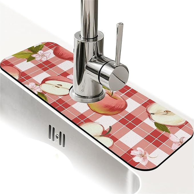 Kitchen Sink Splash Guard, Apple-on-a-Checkered Faucet Mat Sink Gadgets - Super Absorbent Fast Drying Mat Drip Catcher for Kitchen, Bathroom, Sink Mat, Dish Drying Mat, Bathroom (15" X 5.5")