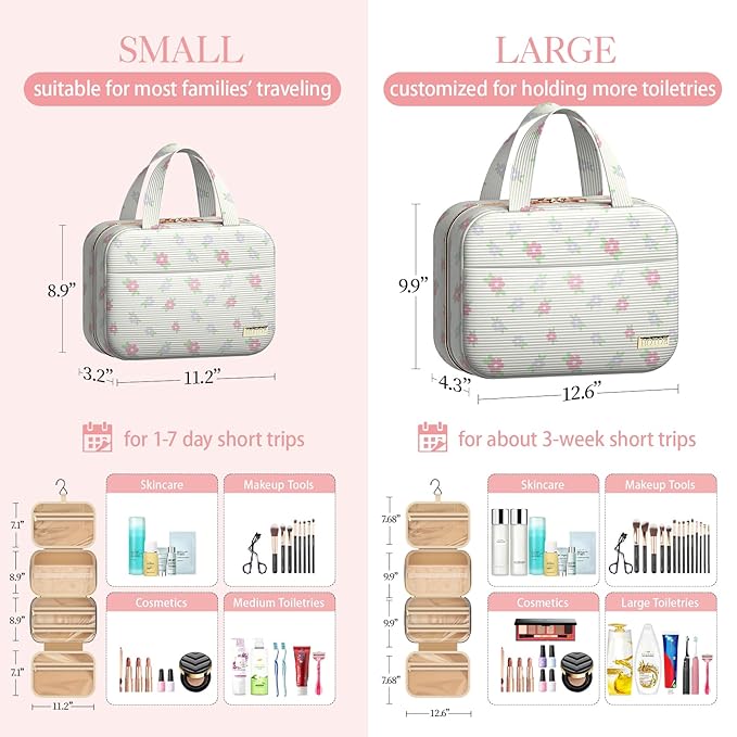 HOTOR Travel Toiletry Bag - Hanging Toiletry Bag for Women & Men, Makeup Bag/Large Compartment, Waterproof for Travel Accessories, Travel Essentials, Medium, Beige with Colorful Floral