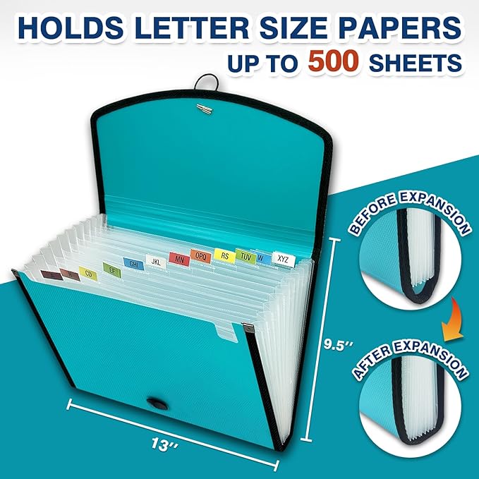 H4D 13-Pocket Accordion File Organizer with Mesh Pocket, Expanding File Folder with Tabs, Expandable Document Organizer for Home Office School, Letter Size, Teal