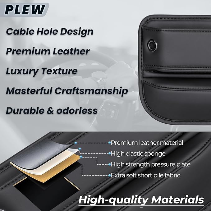 PLEW 2-Pack Black Obsidian Car Seat Gap Filler, Premium Leather Console Organizer Universal Fit for Car SUV Truck Multi-Purpose Essentials Organizer - Anti-Drop Auto Interior Accessories