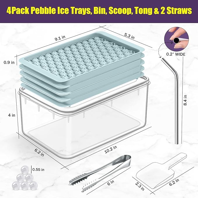 0.55in Mini Ice Cube Trays - Tiny Pebble Ice for Iced Coffee & Cocktails - Fast Chill, Easy Twist Release - Stackable with Lid, Storage Bin, Tongs, 2 Straws (4 pack, Blue)