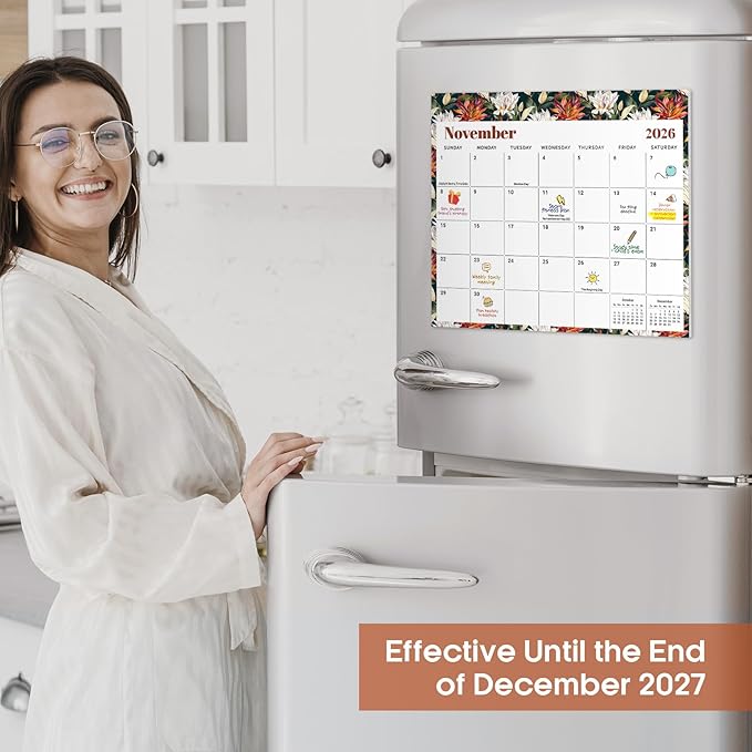 Aesthetic 2026-2027 Magnetic Calendar for Refrigerator, 21-Month Fridge Calendar Magnet from April 2026 to December 2027, Easy Organizing，Floral Luxe