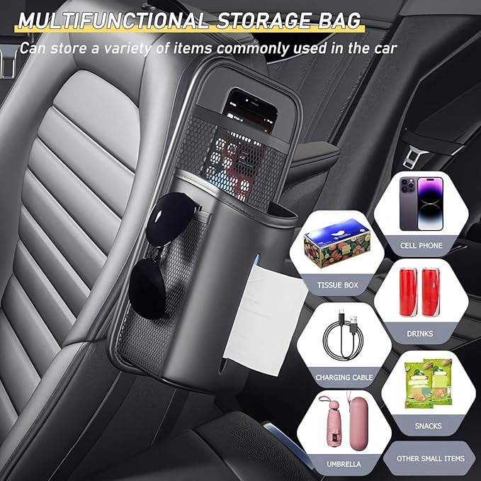Tumecos Car Storage Organizer for Front and Back Seat,Rectangle Car Tissue Box Holder,Side Mount Hanging Bags with 3 Mesh Pockets,Waterproof Consoles Organizers,Napkin Cover