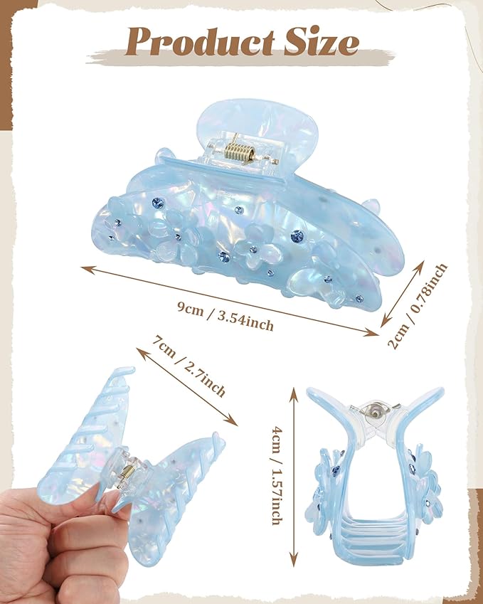 3PCS Acrylic Flower Hair Claw Clips - 2 Styles Durable Medium Small Claw Clips for Women, Strong Hold Cute Non Slip Stylish Accessories Decroation Buns for Thick Thin Hair (blue)