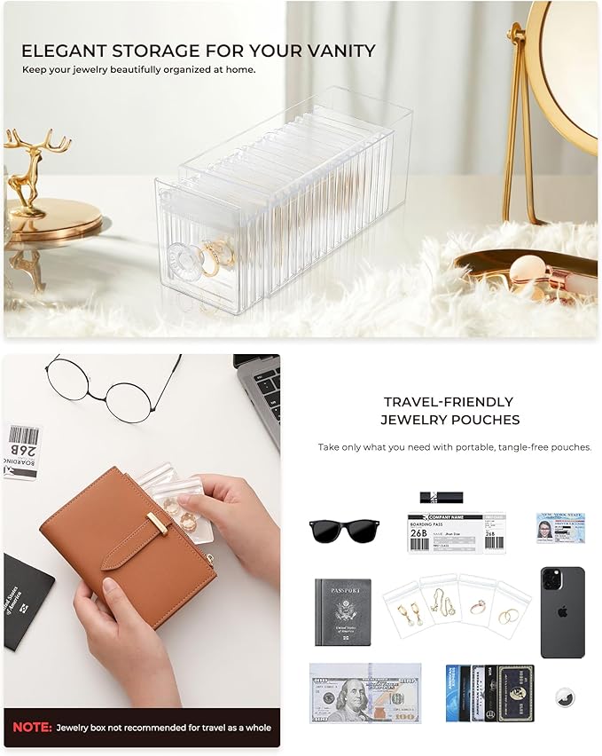 Clear Acrylic Jewelry Organizer Box with 20 Portable Pouches, Jewelry Storage Case for Women Girls, Tangle-Free, Anti-Tarnish, Compact Storage for Necklaces/Earrings/Rings, Upgraded Clear