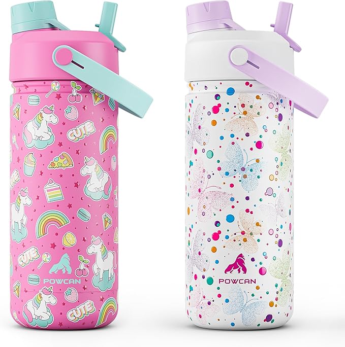 POWCAN 2 Pack 18 oz Kids Insulated Water Bottle for School: Leakproof, 2-in-1 Straw Spout Lid, BPA-Free, Keep Cold 24 Hrs, Stainless Steel Cup for Sports, Travel, Gift for Girls Boys Daughters Sons
