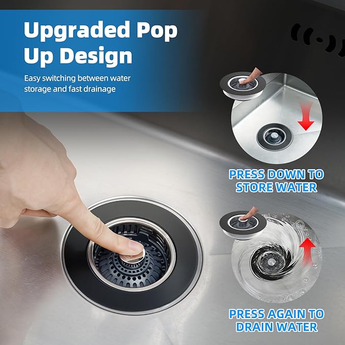 Hibbent Upgraded 2 Pack 3 in 1 Kitchen Sink Drain Strainer, Stainless Steel Pop Up Sink Stopper, Larger Anti-Clogging Basket, 3-Layer Seal, Detachable Plug for US Standard 3-1/2" Drain, Matte Black