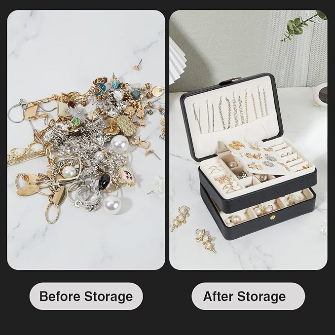 Travel Jewelry Organizer, PU Leather Small Jewelry Organizer for Women Girls, 2 Layers Portable Travel Jewelry Case for Stud Earrings, Rings, Necklaces, Bracelets(Black+Small)