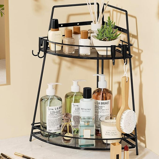 VITVITI 2 Tier Corner Bathroom Counter Organizer, Metal Bathroom Countertop Organizer Shelf Storage, Bath Room Sink Makeup Organizers for Vanity Perfume Skincare with Hooks, Black