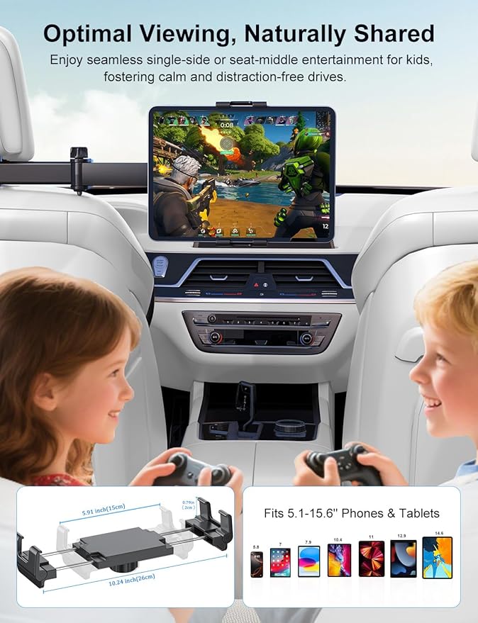 PLDHPRO Tablet Holder for Car Headrest Mount iPad Backseat Foldable Back Seat Stand Compatible 5.1-15.6'' Phones Tablets, Road Travel Essentials for Kids Accessories