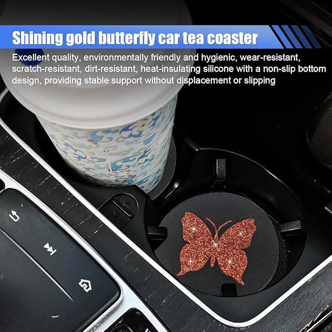 2PCS Bling Butterfly Car Coasters, 2.75'' Anti Slip Insert Cup Holder Coaster, Rhinestone Vehicle Cup Holder Decoration Pad, Universal Auto Interior Drink Water Bottle Mat Accessory (Red)