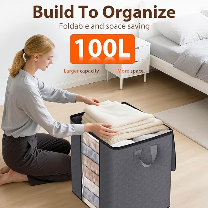 SpaceWhisper 3 Pack 100L Clothes Storage, Foldable Thick Fabric Blanket Storage Bags, Containers for Organizing Bedroom, Closet, Clothing, Comforter,Closet Organization with Handle,Grey