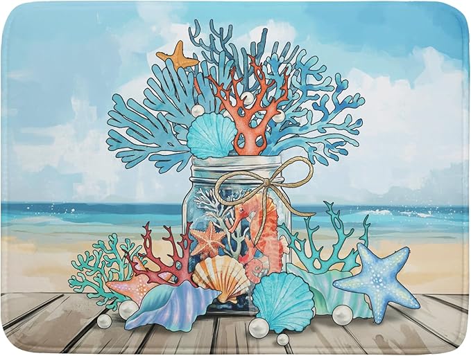 Coastal Coral Dish Drying Mat 18x24 inch Starfish Shell Fast Dry Microfiber Dish Rack Mats Drainer Pad for Countertop Kitchen Table Decor