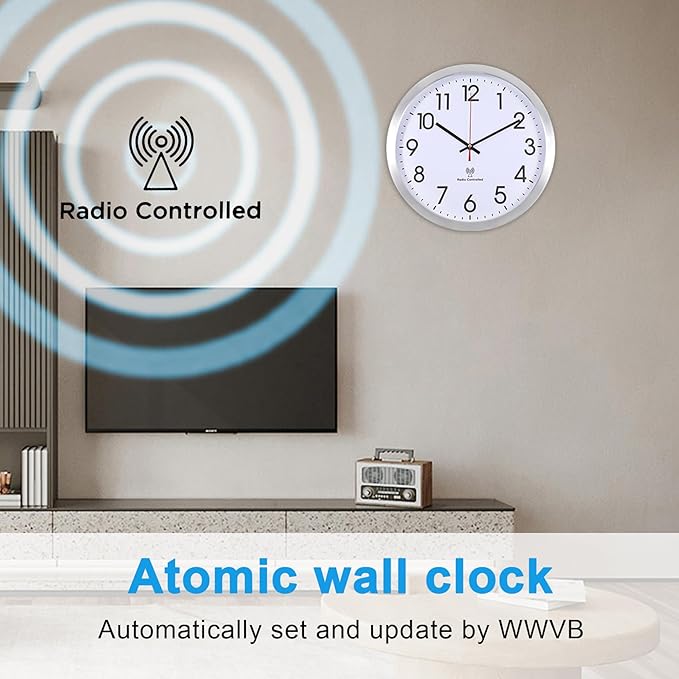 Atomic Analog Wall Clock, 14-Inch Radio-Controlled Automatically Setting Wall Clock, Aluminum Frame Wall Clock for Home, School, Office