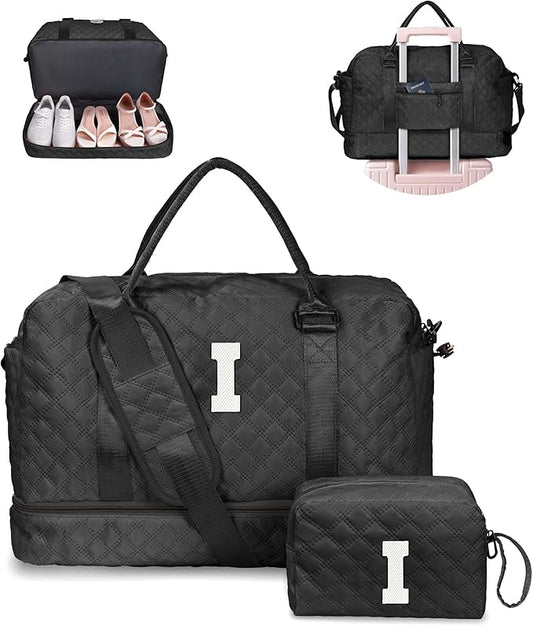 Gifts for Friends-Initial Duffle Bag with Shoe Compartment, Personalized Weekender Bag, Monogram Overnight Bag, Travel Bag with Makeup Bag, Birthday Gifts Bag for Daughter Sister (Letter I)