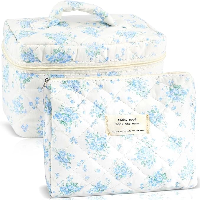 2Pcs Cotton Quilted Makeup Bag for Women Girls Large Small Travel Floral Cosmetic Bags Set Cute Coquette Zipper Makeup Pouch for Purse Aesthetic Cloth Flower Storage Toiletry Bag Organizer