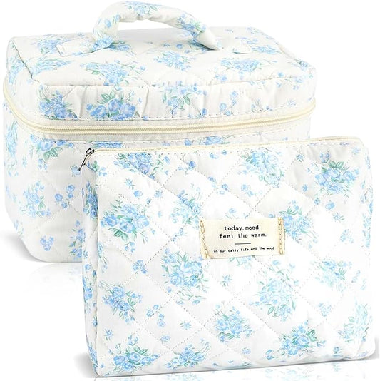 2Pcs Cotton Quilted Makeup Bag for Women Girls Large Small Travel Floral Cosmetic Bags Set Cute Coquette Zipper Makeup Pouch for Purse Aesthetic Cloth Flower Storage Toiletry Bag Organizer