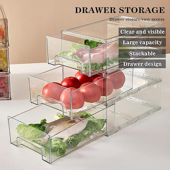 MANO 2 Pack Clear Fridge Drawers, Pull Out Stackable Refrigerator Drawer Organizer Bins, Pantry Storage Box Plastic Food Containers for Kitchen Bathroom Office Closet (2 Pack Large)