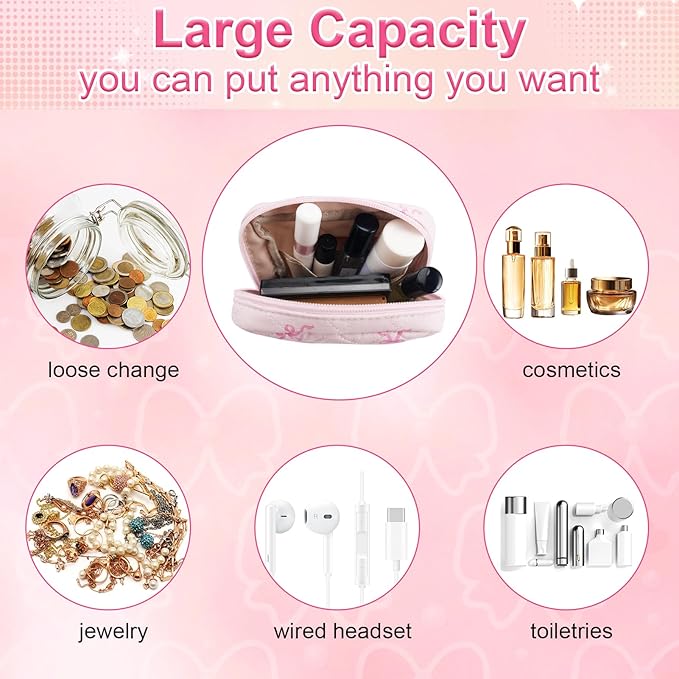 Small Quilted Cotton Makeup Bag for Purse Mini Cosmetic Period Bag for Women Cute Pink Bow Ribbon Makeup Sanitary Pouch Portable Travel Toiletry Bags with Zipper Christmas Birthday Gifts