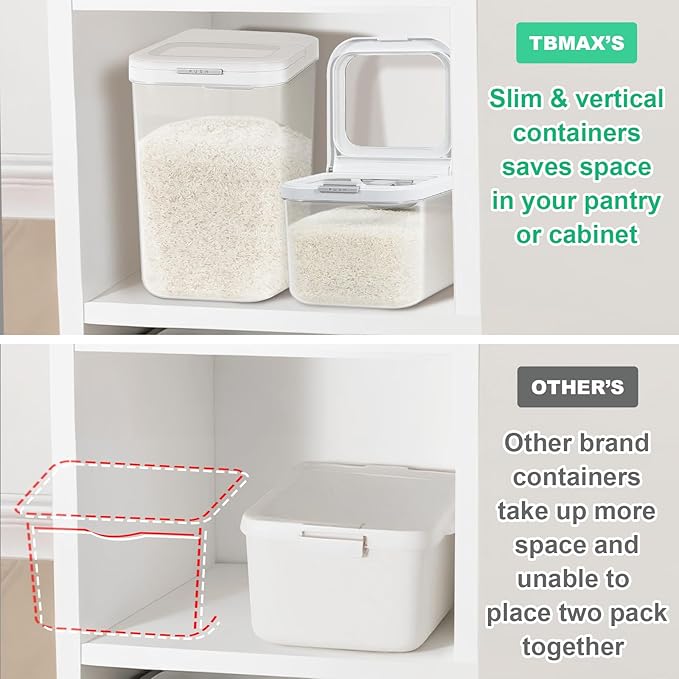 TBMax Rice Flour Storage Container with Automatic Flip-up Lid 13 Lbs | 6.5 Qt, Short and Narrow Food Storage Flour Bin for Kitchen Drawer Organization, Pet Dog Cat Food Storage Container