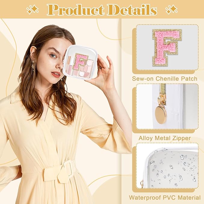 Personalized Initial Letter Clear Preppy Makeup Bag, Mini Nylon Chenille Letter Cosmetic Bag Cute Zipper Pouch Purse for Teen Girls, Portable TSA Approved Beach Travel Essentials Bag Gift for Women, F