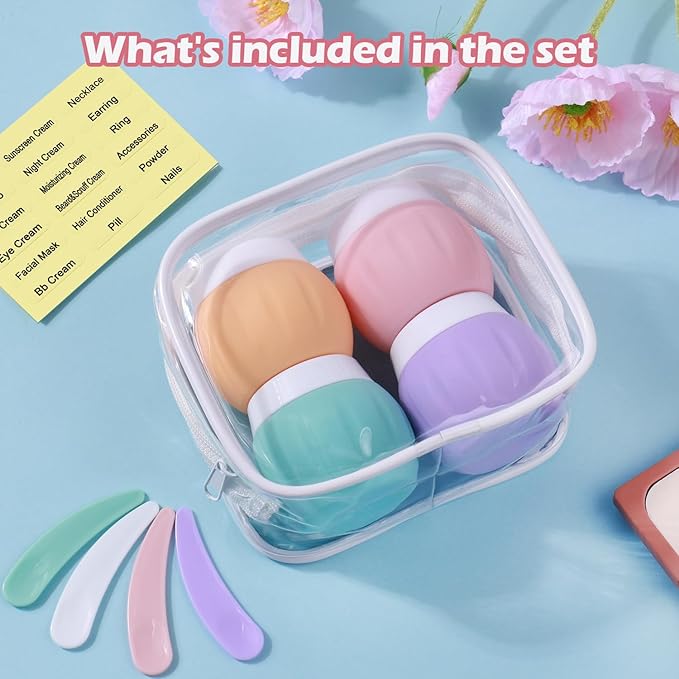 Travel Containers for Toiletries, GLAMFIELDS TSA Approved 1.7oz 50ml Travel Size Silicone Cream Jars BPA Free, Leak-proof Travel Essentials with Lid for Cosmetic Face Hand Body Cream Macaron (4 Pack)