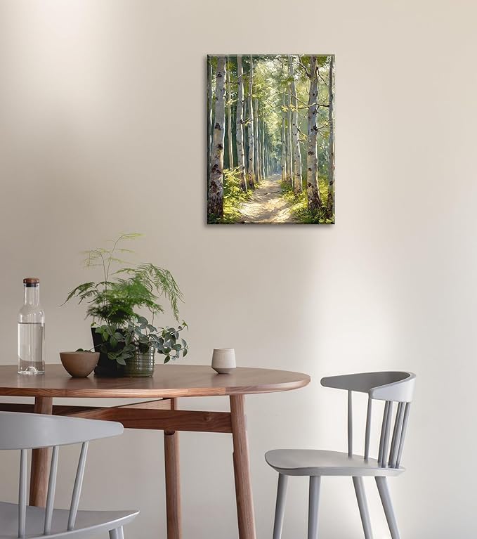White Birch Tree Wall Art Green Forest Canvas Painting Prints Nature Scenery Landscape 3D Textured Picture for Bathroom Bedroom Living Room Wall Decor Modern Home Office Artwork Framed 12x16 Inch