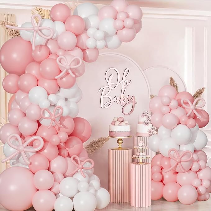 Pink Bow Balloon Arch Kit,130 PCS Coquette Birthday Decorations, Pastel Pink and White Garland Include Light blush Coquette Bow Balloon for Wedding Bridal Baby Shower Girls' Birthday Decoration