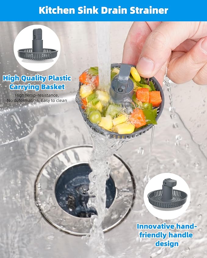 Hibbent 3-in-1 Kitchen Sink Drain Strainer and Stopper Combo, Chrome Stainless Steel Wrapped Shell, Anti-Clogging Basket Strainer with Foldable Handle for US Standard 3-1/2" Drain