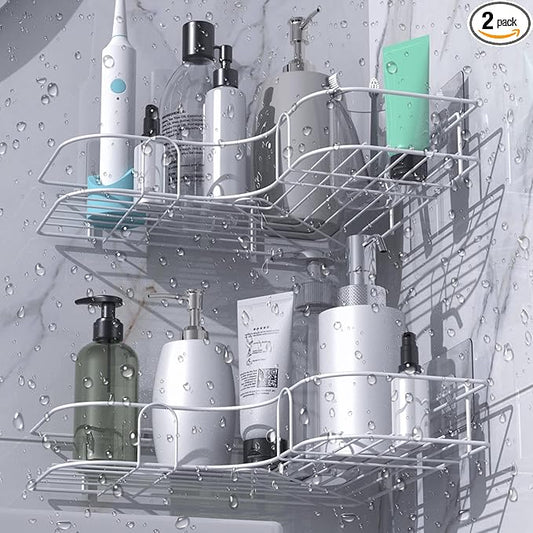 Corner Shower Caddy, 2 Pack Adhesive Shower Corner Organizer Shelves, No Drilling Stainless Steel Shower Storage Rack for Bathroom, Dorm and Kitchen, White