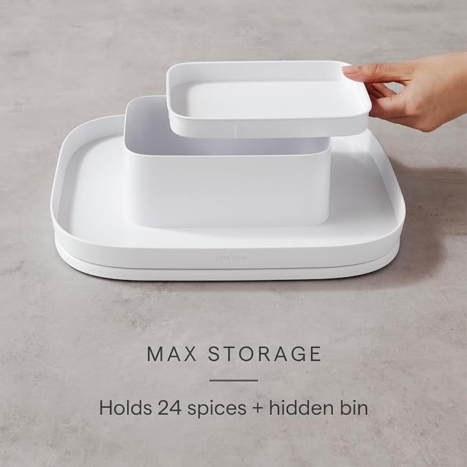 YouCopia MagicTrack Rectangle Lazy Susan Turntable 2-Tier Spice Rack: Jar & Bottle Storage Organizer for Kitchen and Bathroom with 360° Spin, Non-Slip, White Speckled BPA-Free